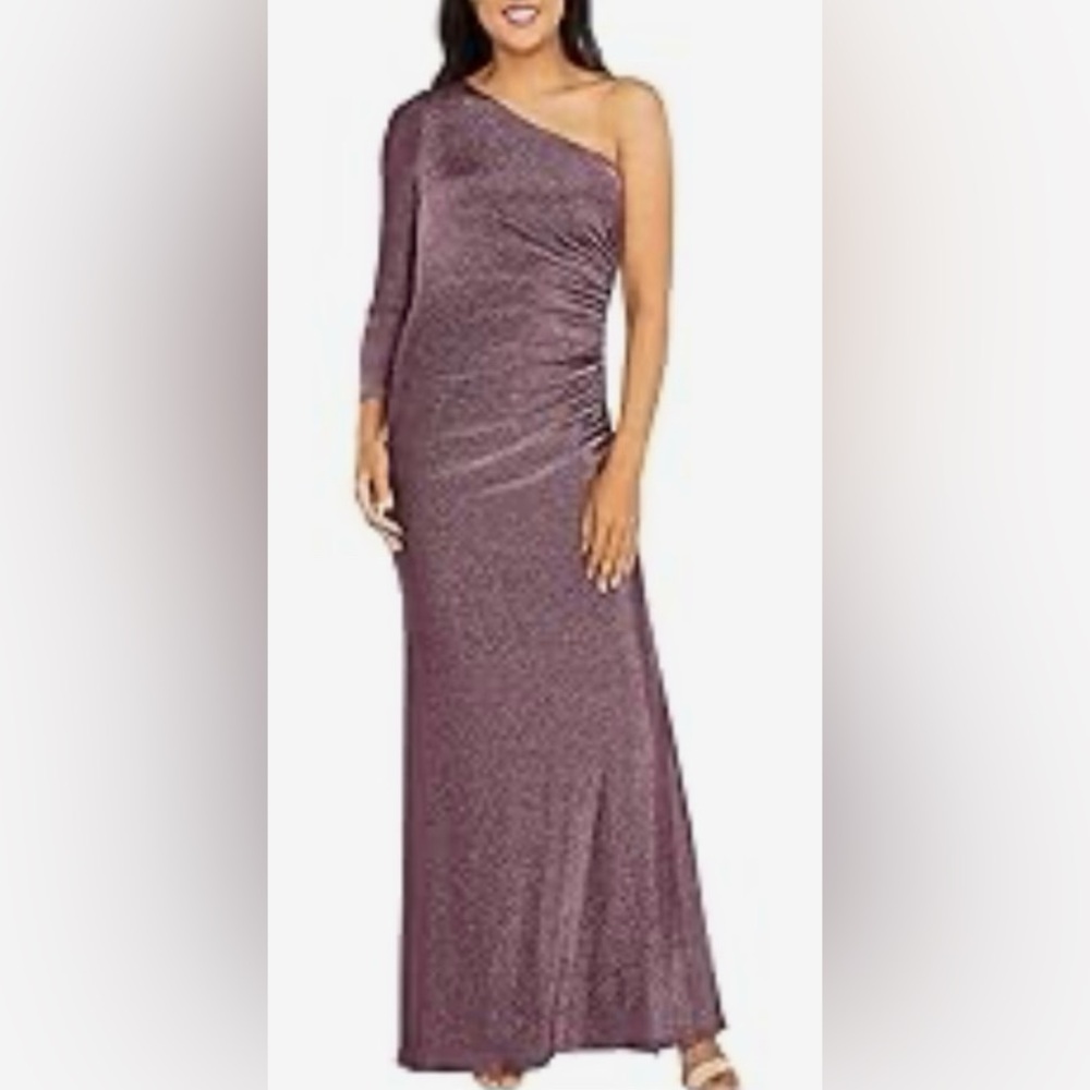 ADRIANNA PAPELL NWOT One Shoulder Metallic Side Draped Mermaid Gown. Size: 14